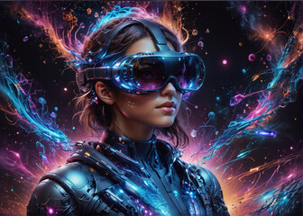 Young woman experience VR headset is using augmented reality eyeglasses