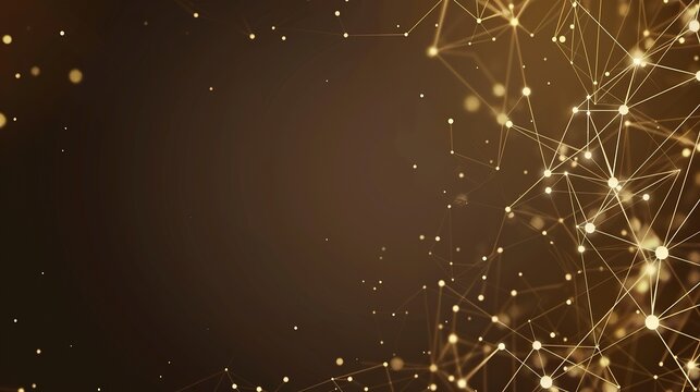 A serene and sophisticated network of soft gold and cream colored dots connected by luminous lines on a dark brown background leaving plenty of space for text on the right side