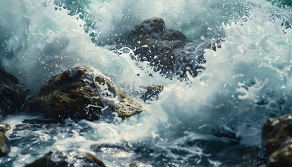 Showcase the dynamic movement of waves crashing against rocks