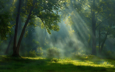 Contrast the tranquility of a forest glade with shafts of sunlight