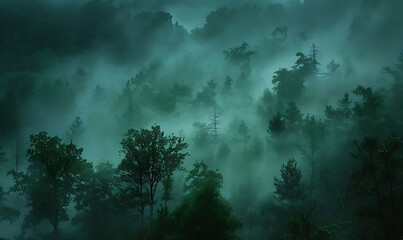 Fototapeta premium Capture the mystique of a fog-shrouded forest at dawn