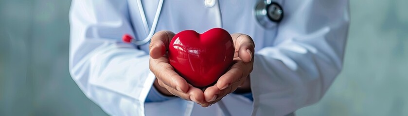 A doctor in a white coat is holding a red heart in the palm of their hand