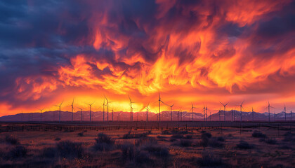Capture the wind turbines dancing against the sunset skyline