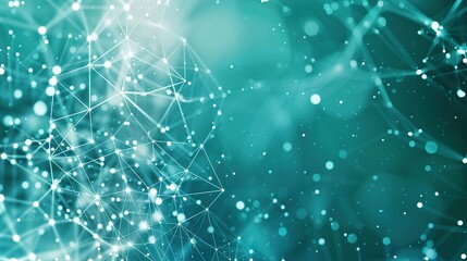 A soothing teal-colored backdrop with a dense network of white and blue glowing connections that create a serene plexus effect designed with a large area for text on the left