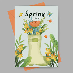 Spring greeting card with boots and flowers illustration. template for flyer  poster
