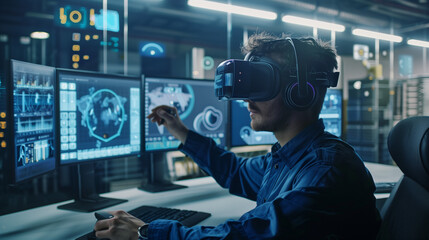 Computer science engineer wearing VR glasses working with 3D model hologram visualization.
computer science, engineer, VR glasses, virtual reality, 3D model, hologram, visualization, technology, 