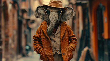 Elegant elephant gracefully walks through urban streets, adorned in tailored sophistication, epitomizing street style.