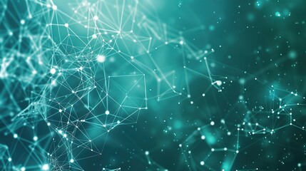 A soothing teal-colored backdrop with a dense network of white and blue glowing connections that create a serene plexus effect designed with a large area for text on the left