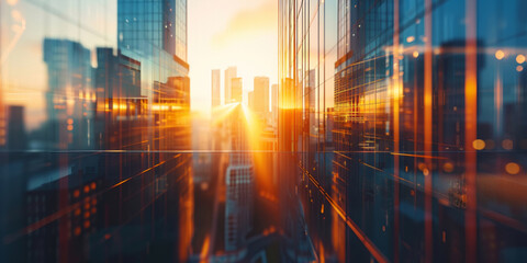 A skyline of a modern city with skyscrapers and office buildings at sunset represents a business concept, with a blurred panoramic view of urban architecture in daylight.