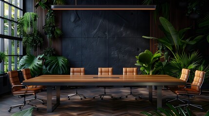 A large wooden conference table with leather chairs in an office room with dark walls and green plants