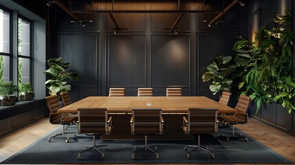 A large wooden conference table with leather chairs in an office room with dark walls and green plants