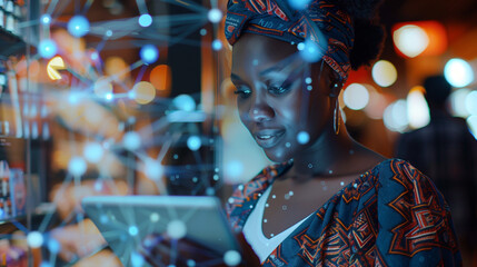 Digital online marketing commerce sale concept. African woman using tablet payments online shopping and icon customer network connection on hologram virtual screen 