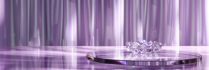 A transparent glass podium, showcasing a ring, is set against a light purple background in front of an elegant curtain wall.