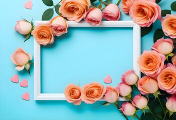 A flat lay of a photo white frame surrounded by pink roses with red hearts on a pastel blue background