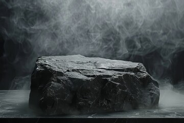 A dark setting features a stone podium enveloped in smoke and fog, designed for product presentations in a cave-like environment.