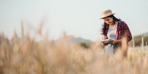 Inspired young woman in a straw hat is jotting down thoughts in a notebook amidst a beautiful, sunlit wheat field.