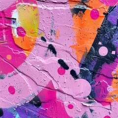 Vibrant neon pink and purple graffiti on a wall, captured in a close-up of an abstract painting, creates dynamic shapes with brush strokes and paint splashes.