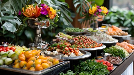 A luxurious corporate event with an exquisite food station featuring a variety of mouthwatering dishes,  for guests at the company's conference or office party.