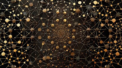 A sophisticated pattern of interconnected gold and bronze dots against a matte black background forming an elegant network with a large clear area in the center for text