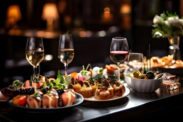 Elegant and select restaurant table Tapas and appetizers, assorted canapés on the bar table Soft light and romantic atmosphere food