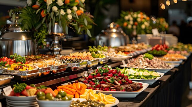 A luxurious corporate event with an exquisite food station featuring a variety of mouthwatering dishes,  for guests at the company's conference or office party.