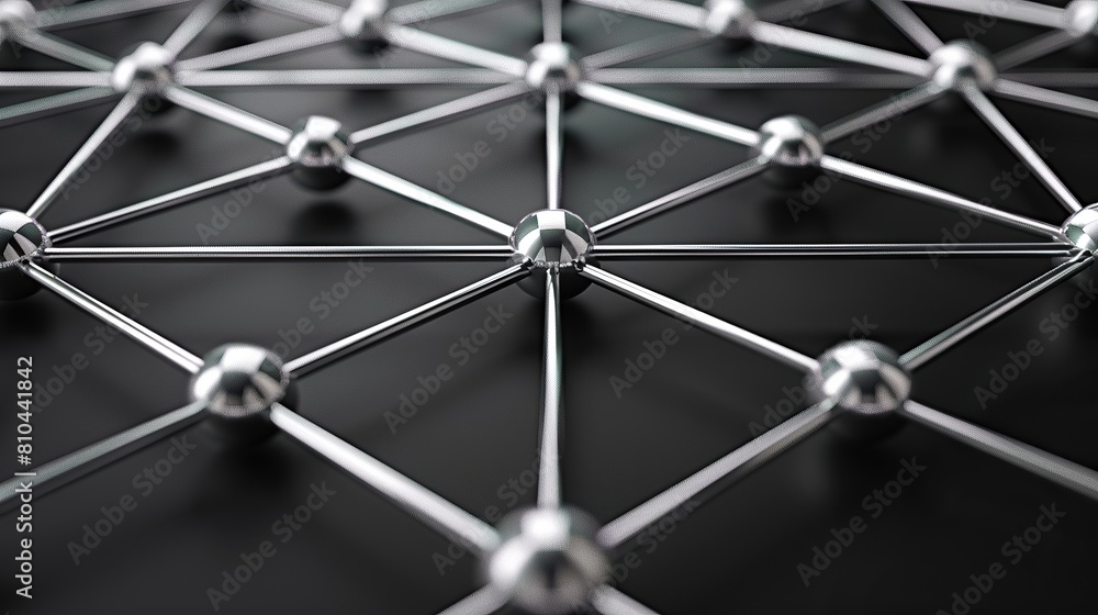 Poster a sophisticated pattern of interconnected silver and graphite dots against a matte black background 