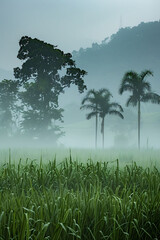Obraz premium Captured the tranquility of a biomass plantation under the morning mist