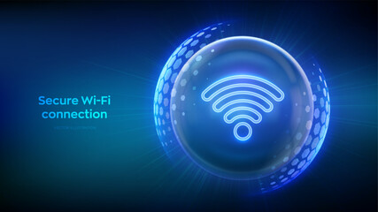 Wi-Fi network icon inside transparent protection sphere shield with hexagon pattern on blue background. Secure Wi Fi wireless network connection. Cyber Security. Wifi Encryption. Vector illustration.