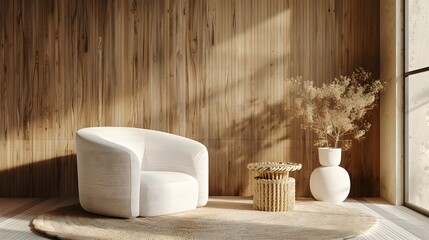 A minimalist interior design with a white armchair, coffee table and vase on the right side, wooden...