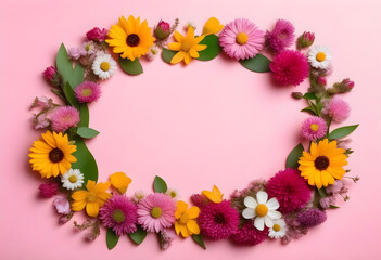 A flat lay of different colorful spring flowers arranged in a circular frame on a pink background