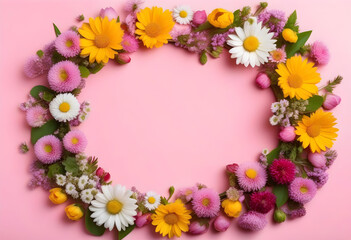 A flat lay of various colorful spring flowers arranged in a circle on a pink background