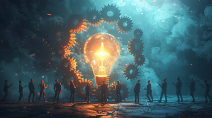 A conceptual scene with a glowing light bulb surrounded by people and mechanical gears, symbolizing innovation and teamwork.