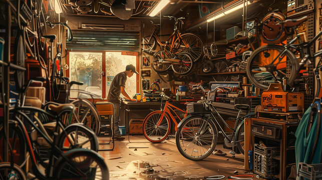 Young man mechanic working in a bicycle shop