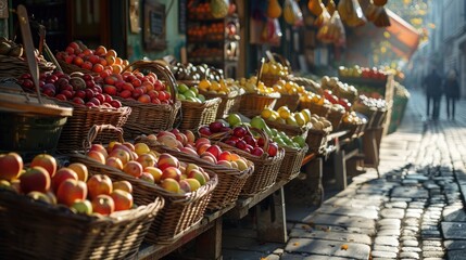 Obraz premium A colorful and vibrant fruit stand is pictured