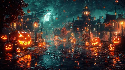 Fototapeta premium A city street with a large moon in the sky and many pumpkins on the ground