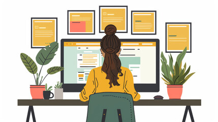 A young woman focused on coding using a large computer screen, surrounded by a well-organized workspace with plants.