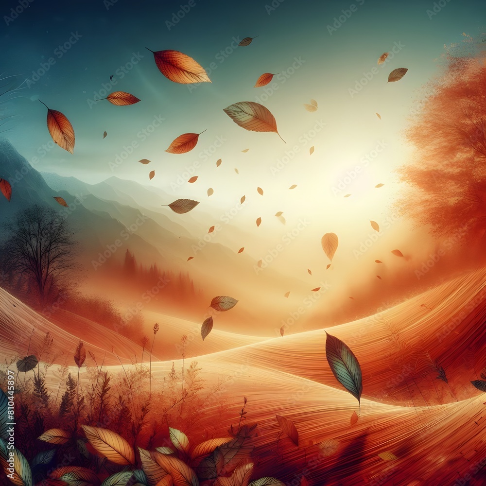 Poster autumn background with falling leaves and clouds generated by ai