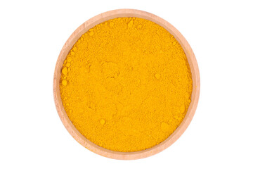 Turmeric powder in a wooden bowl isolated transparent