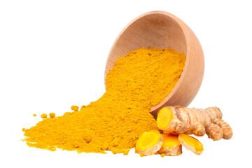 Turmeric powder spilling out of a wooden bowl isolated transparent