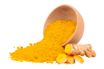 Turmeric powder spilling out of a wooden bowl isolated transparent