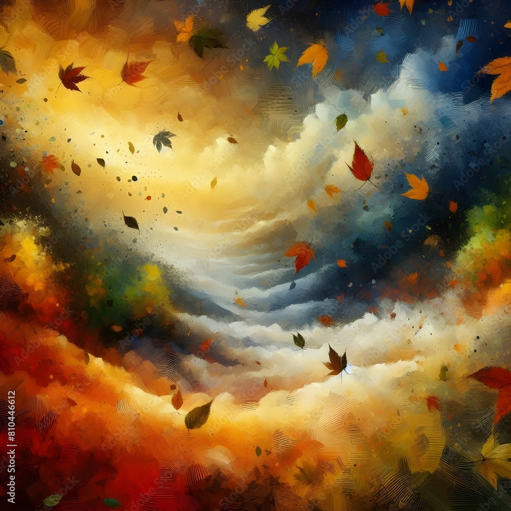 Poster autumn background with falling leaves and clouds generated by ai