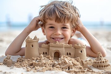 Cheerful Beachy Boy: Sandcastle Builder Clipart