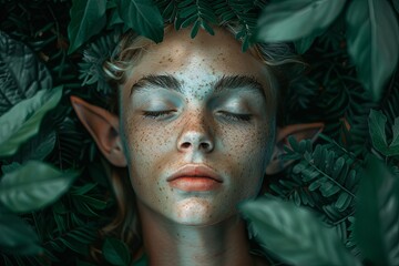 Enchanting Elf in Lush Greenery: Dreamy Expressive Portrait