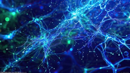 A vibrant electric plexus of blue and green connections sprawling across a midnight blue backdrop designed to look three-dimensional with a focused area for text placement in the lower left corner