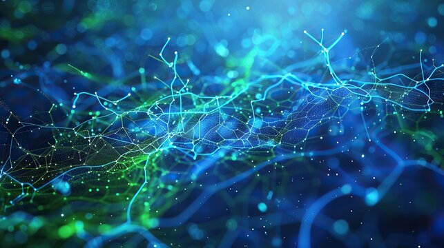 A vibrant electric plexus of blue and green connections sprawling across a midnight blue backdrop designed to look three-dimensional with a focused area for text placement in the lower left corner