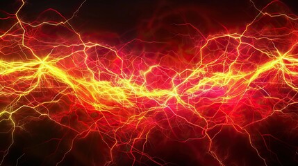 A vibrant high-energy network of neon red and yellow lines forming a digital inferno on a dark background with a designated space for text on the top half