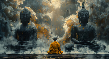  Meditating Before Buddha Statues
