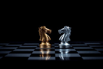 Chess board game between knight silver team and golden team is strategy game as business Challange...