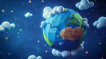This 3D cartoon rendering features the planet Earth with a delightful face, floating in space against a simple background. The design is characterized by its use of simple shapes and low details