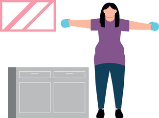 The girl is exercising with dumbbells